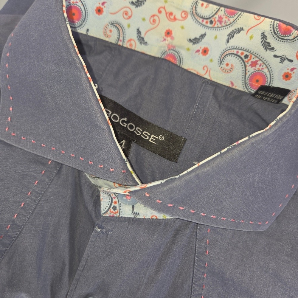 Bogosse Blue Tailored Button Down Shirt Paisley Trim Contrast Stitching Size 4 L